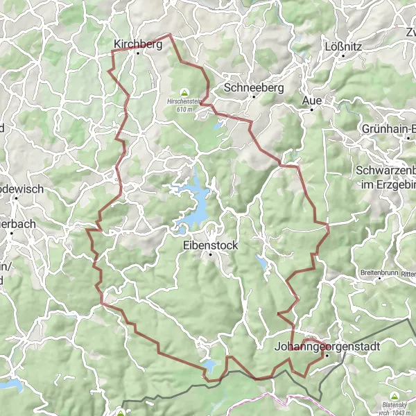 Map miniature of "Adventure Through the Erzgebirge Gravel" cycling inspiration in Chemnitz, Germany. Generated by Tarmacs.app cycling route planner