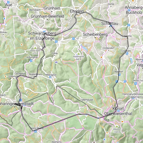 Map miniature of "Scenic Road Route" cycling inspiration in Chemnitz, Germany. Generated by Tarmacs.app cycling route planner