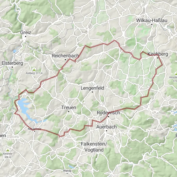 Map miniature of "Kirchberg - Crinitzberg Loop" cycling inspiration in Chemnitz, Germany. Generated by Tarmacs.app cycling route planner