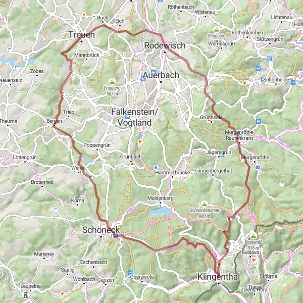 Map miniature of "The Schwarzberg Gravel Adventure" cycling inspiration in Chemnitz, Germany. Generated by Tarmacs.app cycling route planner