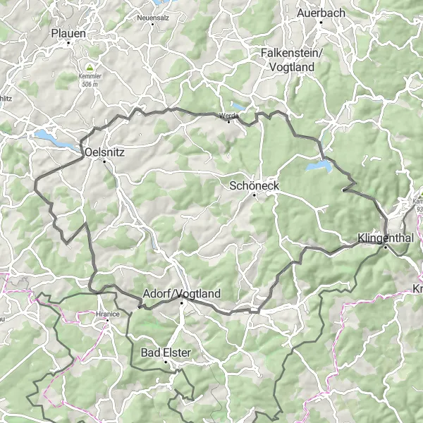 Karten-Miniaturansicht der Radinspiration "Charmante Dörfer und Naturwunder" in Chemnitz, Germany. Erstellt vom Tarmacs.app-Routenplaner für Radtouren