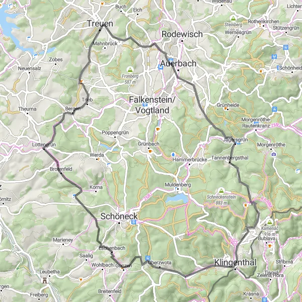 Map miniature of "Forest and Hill Adventure" cycling inspiration in Chemnitz, Germany. Generated by Tarmacs.app cycling route planner
