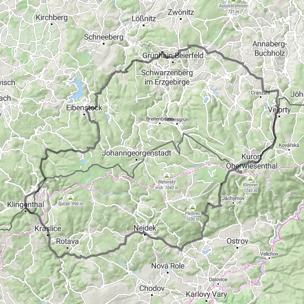 Map miniature of "Obruby Exploration" cycling inspiration in Chemnitz, Germany. Generated by Tarmacs.app cycling route planner