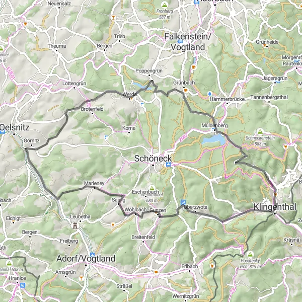 Map miniature of "The Klingenthal Road Tour" cycling inspiration in Chemnitz, Germany. Generated by Tarmacs.app cycling route planner