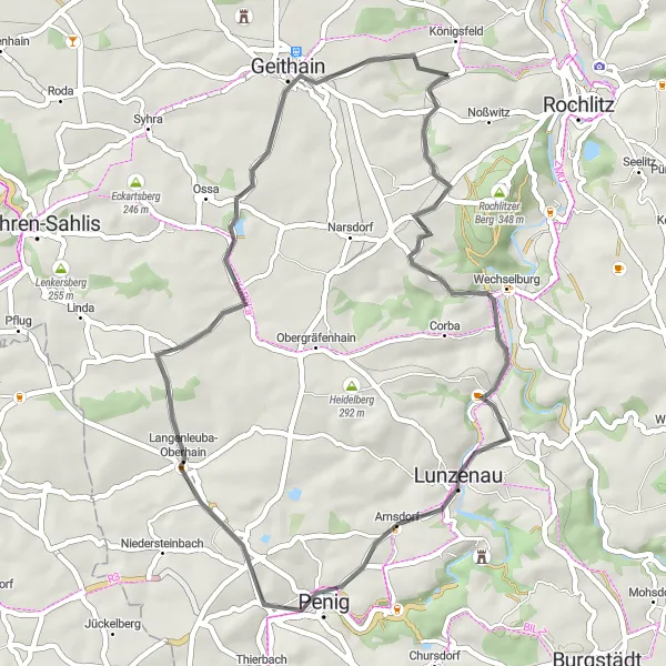 Map miniature of "Enchanting Villages: Wechselburg and Penig" cycling inspiration in Chemnitz, Germany. Generated by Tarmacs.app cycling route planner