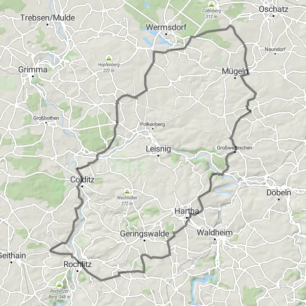 Karten-Miniaturansicht der Radinspiration "Durch die Hügel des Leipziger Landes" in Chemnitz, Germany. Erstellt vom Tarmacs.app-Routenplaner für Radtouren