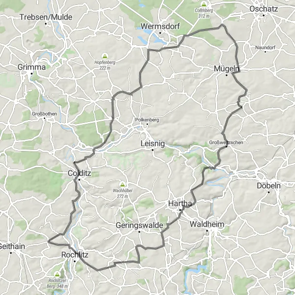 Map miniature of "Cultural Caper: Colditz Castle and More" cycling inspiration in Chemnitz, Germany. Generated by Tarmacs.app cycling route planner