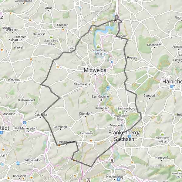 Map miniature of "Kriebstein Castle Loop" cycling inspiration in Chemnitz, Germany. Generated by Tarmacs.app cycling route planner