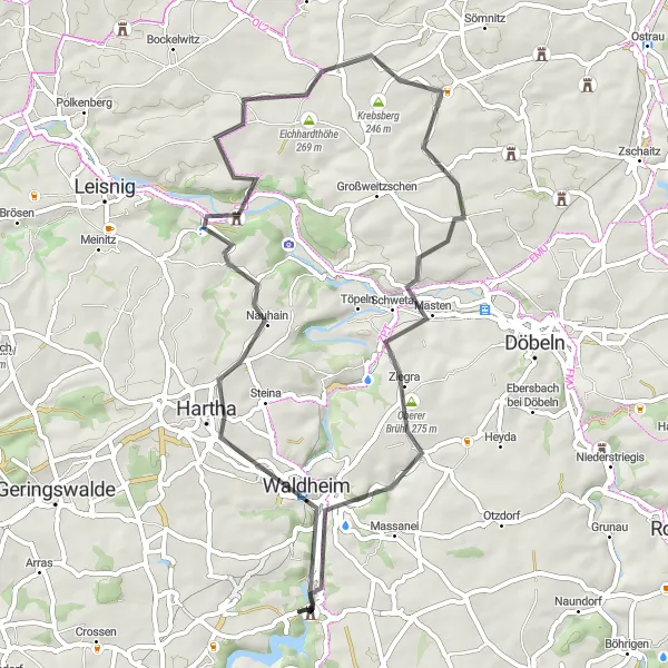 Map miniature of "Kriebstein Circuit" cycling inspiration in Chemnitz, Germany. Generated by Tarmacs.app cycling route planner