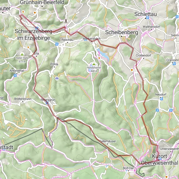 Map miniature of "Erzgebirge Gravel Adventure" cycling inspiration in Chemnitz, Germany. Generated by Tarmacs.app cycling route planner