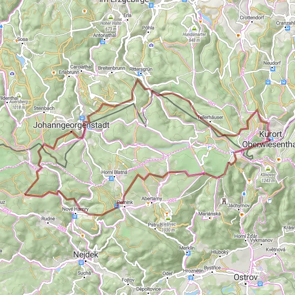 Map miniature of "Gravel Ride around Kurort Oberwiesenthal" cycling inspiration in Chemnitz, Germany. Generated by Tarmacs.app cycling route planner