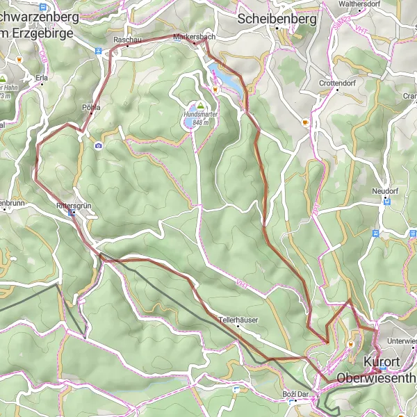 Map miniature of "Scenic Gravel Loop near Kurort Oberwiesenthal" cycling inspiration in Chemnitz, Germany. Generated by Tarmacs.app cycling route planner