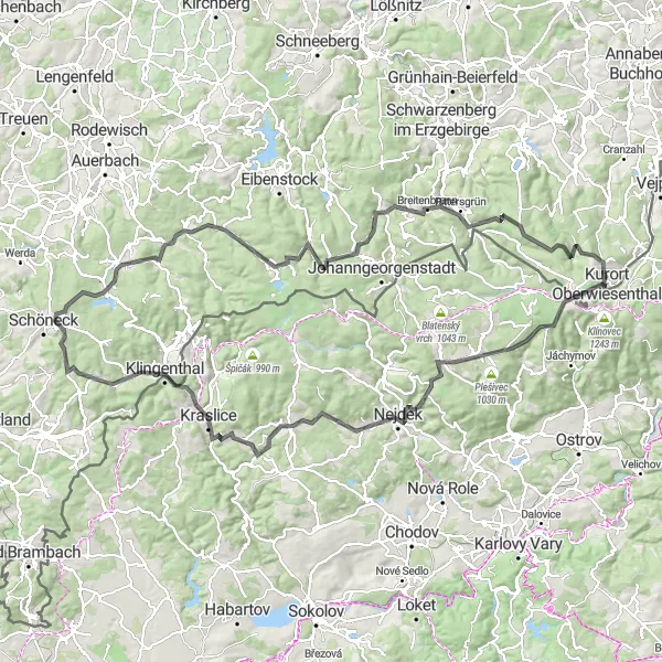 Map miniature of "Epic Road Adventure near Kurort Oberwiesenthal" cycling inspiration in Chemnitz, Germany. Generated by Tarmacs.app cycling route planner