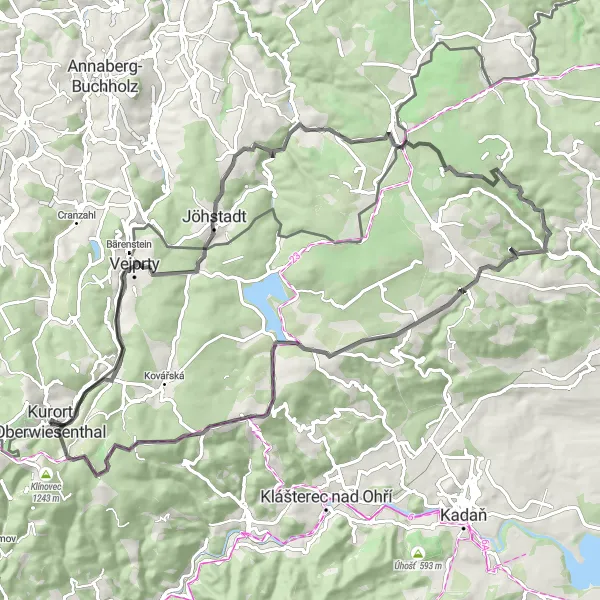 Map miniature of "Kurort Oberwiesenthal to Chemnitz via Steinberg and Bärenstein" cycling inspiration in Chemnitz, Germany. Generated by Tarmacs.app cycling route planner