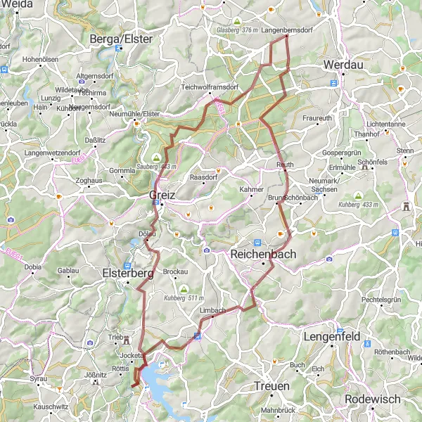 Map miniature of "Gravel Adventure to Langenbernsdorf" cycling inspiration in Chemnitz, Germany. Generated by Tarmacs.app cycling route planner