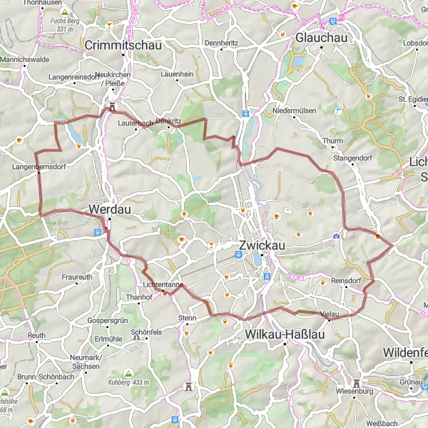 Karten-Miniaturansicht der Radinspiration "Gravel-Route um Langenbernsdorf" in Chemnitz, Germany. Erstellt vom Tarmacs.app-Routenplaner für Radtouren