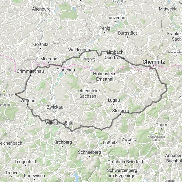 Map miniature of "The Neukirchen/Pleiße Challenge" cycling inspiration in Chemnitz, Germany. Generated by Tarmacs.app cycling route planner
