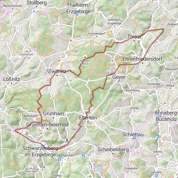 Map miniature of "Lauter and the Ore Mountains Gravel Adventure" cycling inspiration in Chemnitz, Germany. Generated by Tarmacs.app cycling route planner