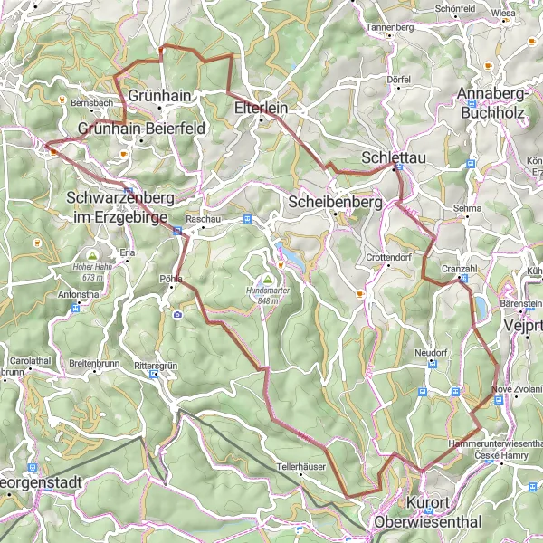 Map miniature of "Trek Through History: Schlettau and Pöhla Gravel Route" cycling inspiration in Chemnitz, Germany. Generated by Tarmacs.app cycling route planner