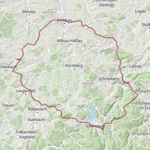 Map miniature of "Ultimate Ore Mountains Gravel Expedition" cycling inspiration in Chemnitz, Germany. Generated by Tarmacs.app cycling route planner