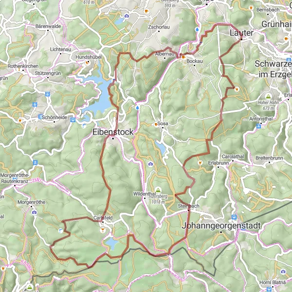 Map miniature of "Lauter - Ore Mountains Gravel Adventure" cycling inspiration in Chemnitz, Germany. Generated by Tarmacs.app cycling route planner