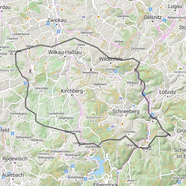 Karten-Miniaturansicht der Radinspiration "Rund um Lauter Road Tour" in Chemnitz, Germany. Erstellt vom Tarmacs.app-Routenplaner für Radtouren