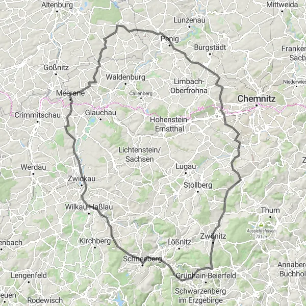 Map miniature of "Scenic Countryside Adventure" cycling inspiration in Chemnitz, Germany. Generated by Tarmacs.app cycling route planner