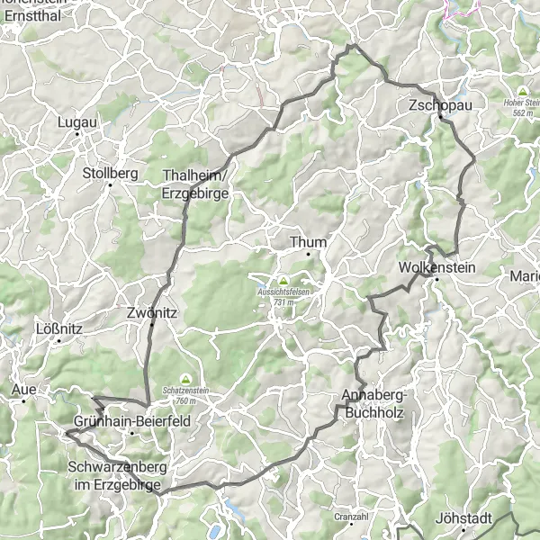 Map miniature of "Lauter - Erzgebirge Loop" cycling inspiration in Chemnitz, Germany. Generated by Tarmacs.app cycling route planner