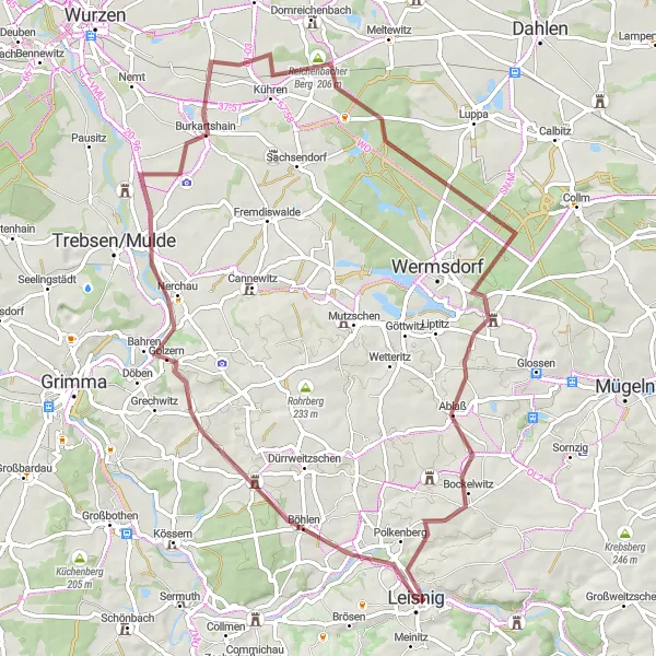 Map miniature of "Discover Hidden Gems of Leisnig and Surrounding Areas on Gravel" cycling inspiration in Chemnitz, Germany. Generated by Tarmacs.app cycling route planner