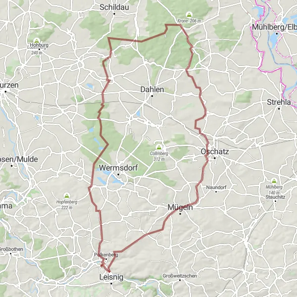 Map miniature of "Leisnig to Mutzschen and Mügeln" cycling inspiration in Chemnitz, Germany. Generated by Tarmacs.app cycling route planner