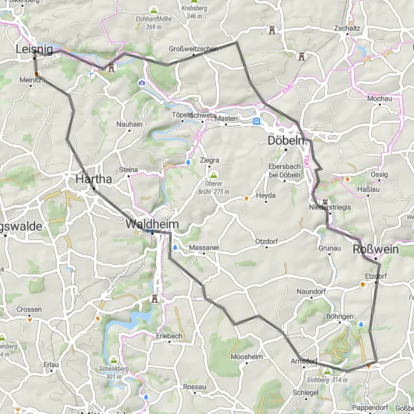 Map miniature of "Leisnig to Platte and Roßwein" cycling inspiration in Chemnitz, Germany. Generated by Tarmacs.app cycling route planner