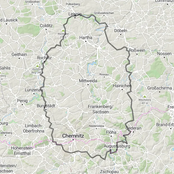 Map miniature of "Leisnig Loop" cycling inspiration in Chemnitz, Germany. Generated by Tarmacs.app cycling route planner