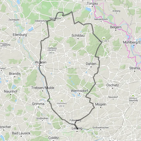 Map miniature of "Leisnig to Wurzen and Goldene Höhe" cycling inspiration in Chemnitz, Germany. Generated by Tarmacs.app cycling route planner