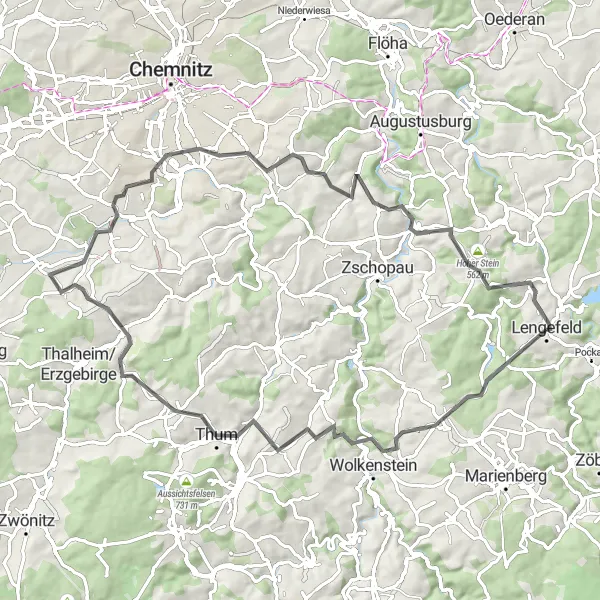 Map miniature of "Landscapes of Discovery" cycling inspiration in Chemnitz, Germany. Generated by Tarmacs.app cycling route planner