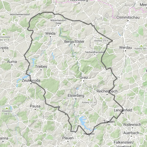 Map miniature of "Road Challenge to Jößnitz and Reichenbach" cycling inspiration in Chemnitz, Germany. Generated by Tarmacs.app cycling route planner