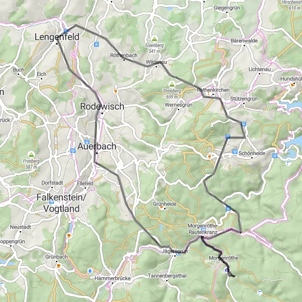 Map miniature of "The Wildenau Loop" cycling inspiration in Chemnitz, Germany. Generated by Tarmacs.app cycling route planner