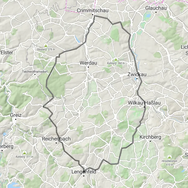 Map miniature of "The Peaks of Pleiße" cycling inspiration in Chemnitz, Germany. Generated by Tarmacs.app cycling route planner