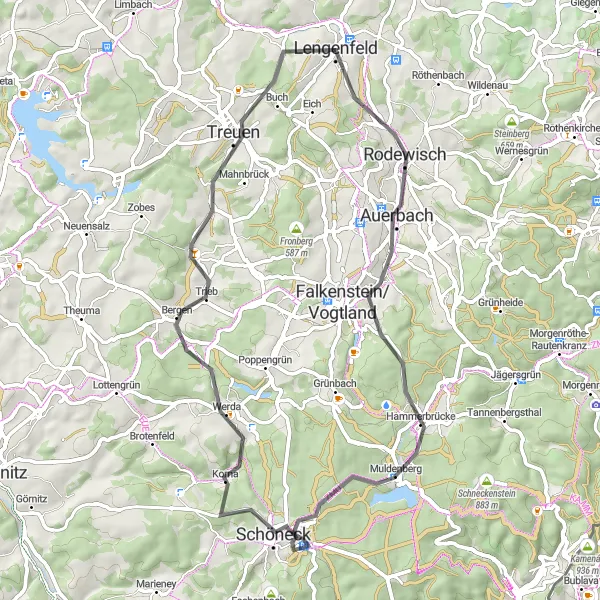Karten-Miniaturansicht der Radinspiration "Road-Tour durch das Vogtland - Von Auerbach nach Treuen" in Chemnitz, Germany. Erstellt vom Tarmacs.app-Routenplaner für Radtouren