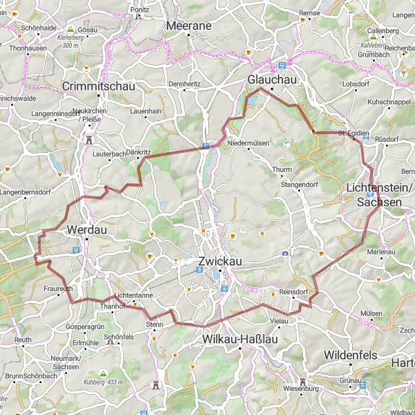 Map miniature of "Through Forests and Hills" cycling inspiration in Chemnitz, Germany. Generated by Tarmacs.app cycling route planner