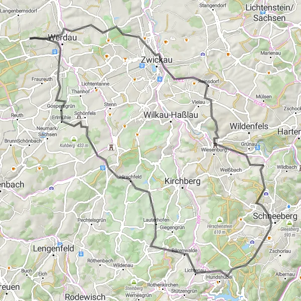 Karten-Miniaturansicht der Radinspiration "Rundfahrt von Leubnitz (Chemnitz)" in Chemnitz, Germany. Erstellt vom Tarmacs.app-Routenplaner für Radtouren