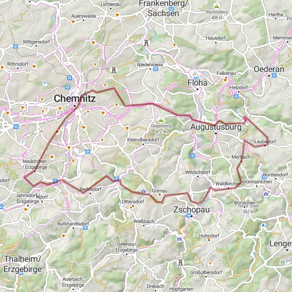 Map miniature of "Hidden Hills Gravel Loop" cycling inspiration in Chemnitz, Germany. Generated by Tarmacs.app cycling route planner