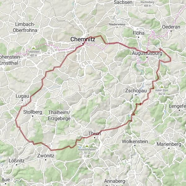 Karten-Miniaturansicht der Radinspiration "Rundtour durch Chemnitz und Umgebung" in Chemnitz, Germany. Erstellt vom Tarmacs.app-Routenplaner für Radtouren