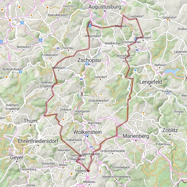 Map miniature of "The Rocky Ride" cycling inspiration in Chemnitz, Germany. Generated by Tarmacs.app cycling route planner