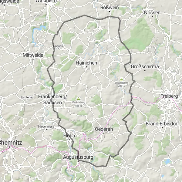 Map miniature of "Road Cycling Adventure near Leubsdorf" cycling inspiration in Chemnitz, Germany. Generated by Tarmacs.app cycling route planner