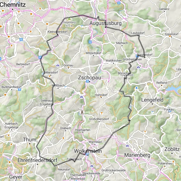 Karten-Miniaturansicht der Radinspiration "Kurvenreiche Road-Tour durch das Erzgebirge" in Chemnitz, Germany. Erstellt vom Tarmacs.app-Routenplaner für Radtouren
