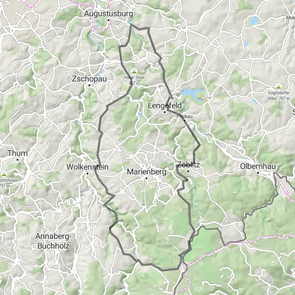 Karten-Miniaturansicht der Radinspiration "Erlebnisreiche Radtour durchs Erzgebirge" in Chemnitz, Germany. Erstellt vom Tarmacs.app-Routenplaner für Radtouren