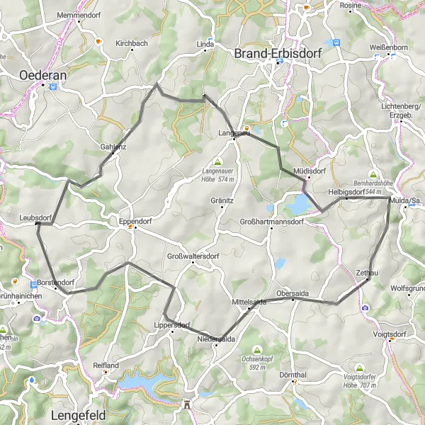 Karten-Miniaturansicht der Radinspiration "Erkundung versteckter Straßen um Leubsdorf" in Chemnitz, Germany. Erstellt vom Tarmacs.app-Routenplaner für Radtouren
