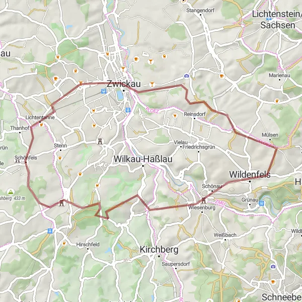 Karten-Miniaturansicht der Radinspiration "Gravel-Rundweg um Lichtentanne" in Chemnitz, Germany. Erstellt vom Tarmacs.app-Routenplaner für Radtouren