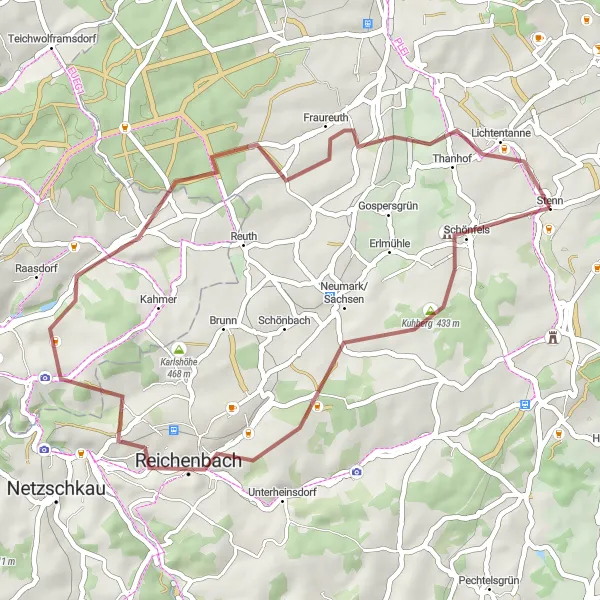 Karten-Miniaturansicht der Radinspiration "Idyllische Gravelroute um Reichenbach" in Chemnitz, Germany. Erstellt vom Tarmacs.app-Routenplaner für Radtouren