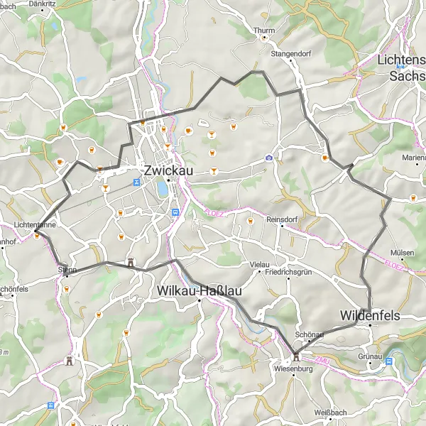 Karten-Miniaturansicht der Radinspiration "Kurze Tour zu den Höhepunkten der Region" in Chemnitz, Germany. Erstellt vom Tarmacs.app-Routenplaner für Radtouren